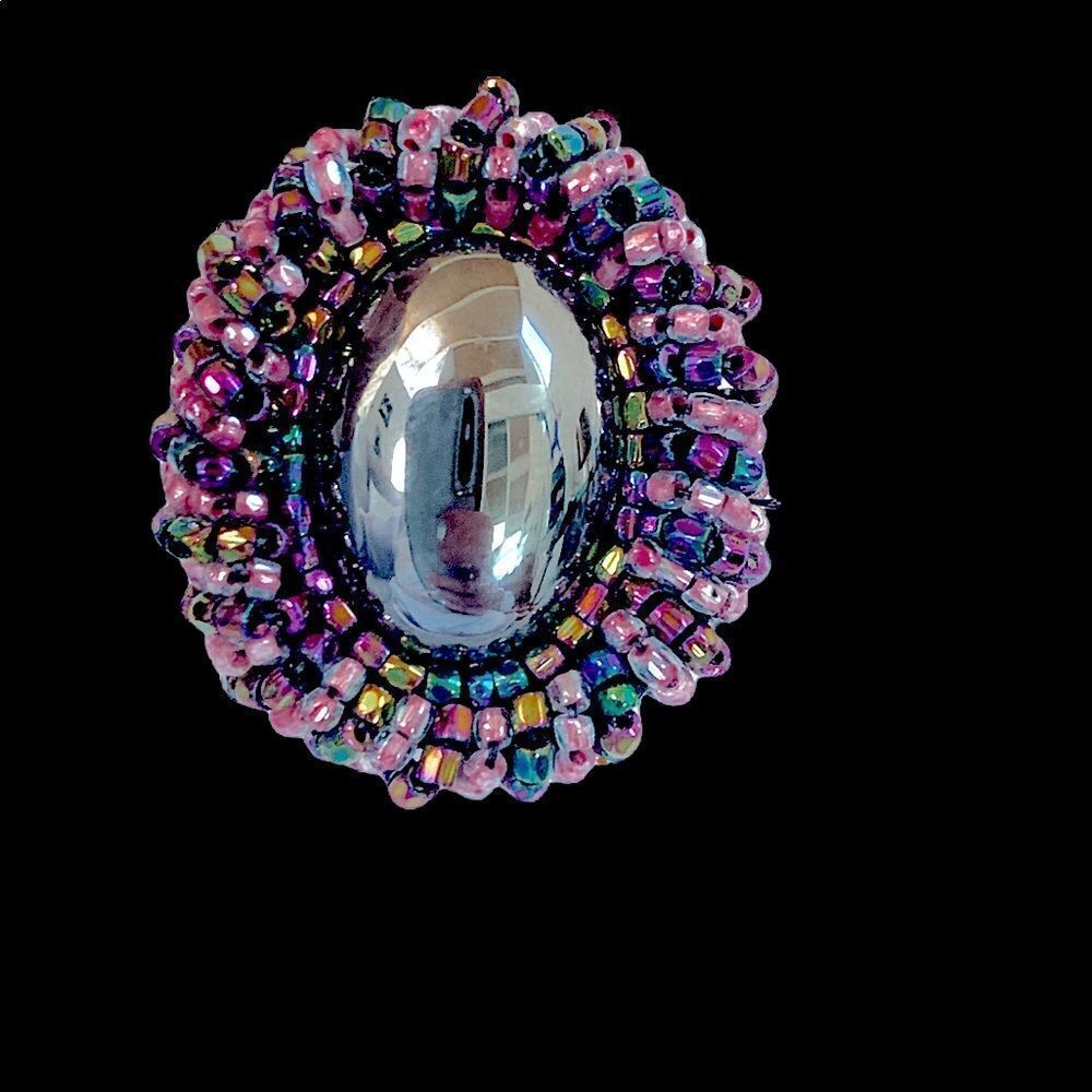Vintage hematite and peacock blue pink glass beaded earrings pierced artisan